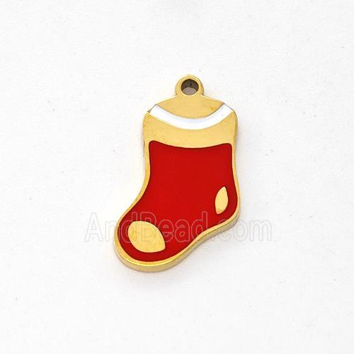Christmas Stocking Charms Stainless Steel Pendant Red Enamel Gold Plated