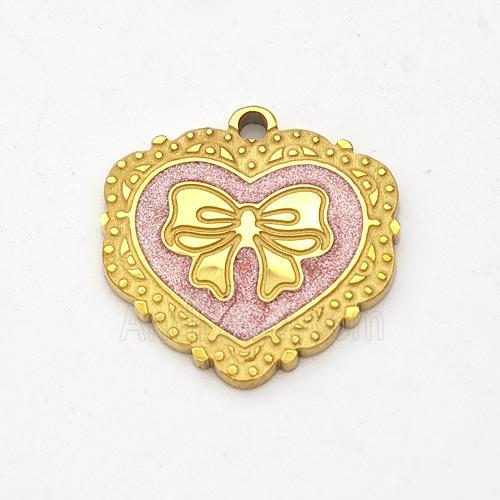 Stainless Steel Heart Pendant Bowknot Pink Painted Gold Plated
