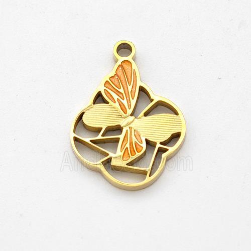 Stainless Steel Butterfly Pendant Orange Painted Gold Plated