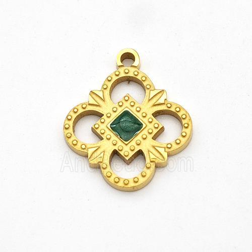 Stainless Steel Flower Pendant Pave Green Jade Gold Plated