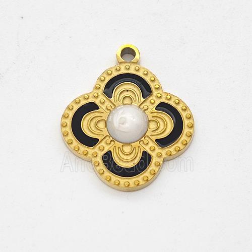 Stainless Steel Clover Pendant Black Enamel Gold Plated