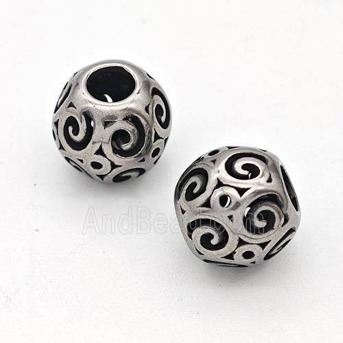 Stainless Steel Round Beads Hollow Large Hole Antique Silver