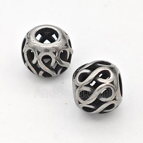 Stainless Steel Round Beads Hollow Large Hole Antique Silver