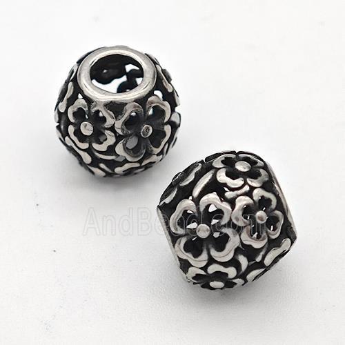 Stainless Steel Round Beads Hollow Large Hole Antique Silver Flower
