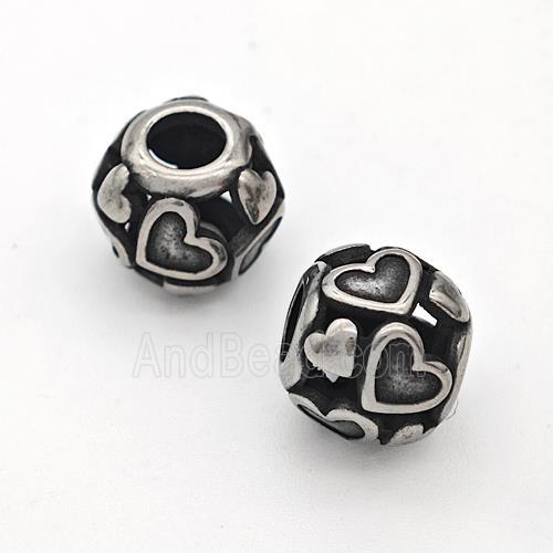 Stainless Steel Round Beads Hollow Large Hole Antique Silver Heart