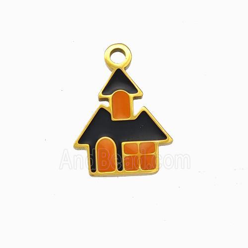 Halloween Castle Charms 304 Stainless Pendant Black Orange Enamel Gold Plated