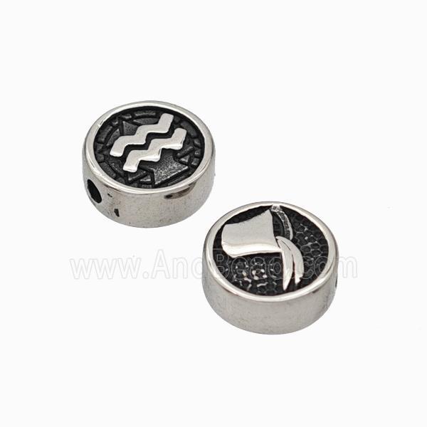Stainless Steel Coin Beads Zodiac Aquarius Antique Silver