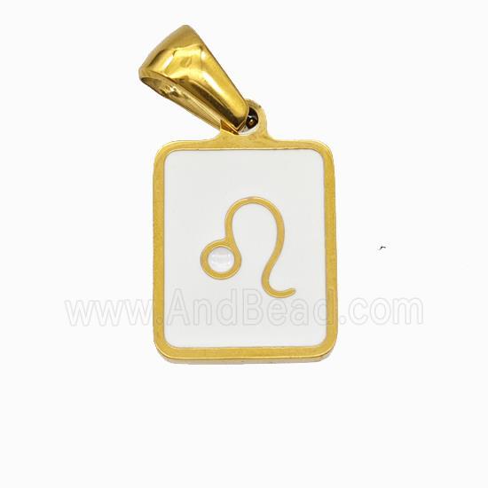 Stainless Steel Symbol Pendant Zodiac Leo White Enamel Rectangle Gold Plated