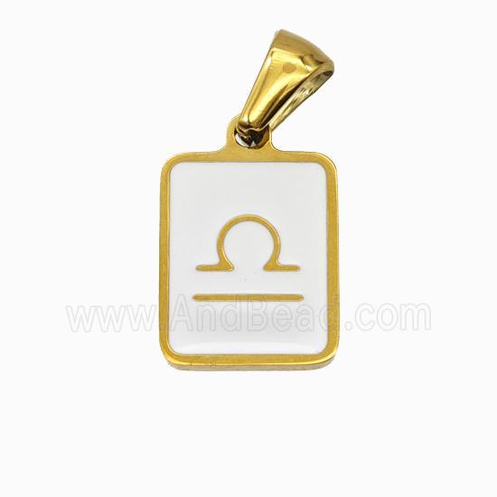 Stainless Steel Symbol Pendant Zodiac Libra White Enamel Rectangle Gold Plated