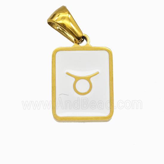 Stainless Steel Symbol Pendant Zodiac Taurus White Enamel Rectangle Gold Plated