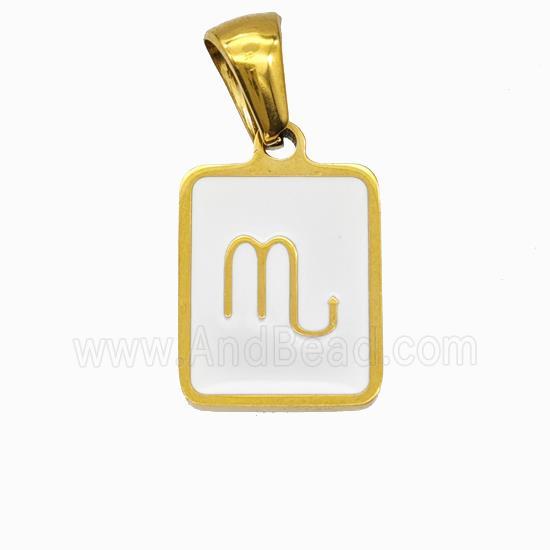 Stainless Steel Symbol Pendant Zodiac Scorpio White Enamel Rectangle Gold Plated