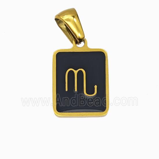 Stainless Steel Symbol Pendant Zodiac Scorpio Black Enamel Rectangle Gold Plated
