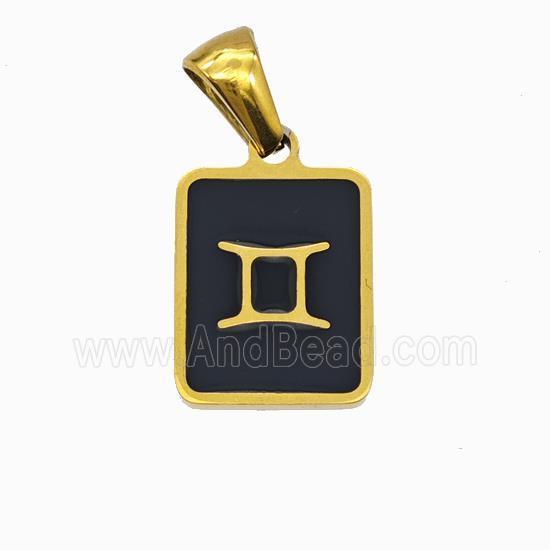 Stainless Steel Symbol Pendant Zodiac Gemini Black Enamel Rectangle Gold Plated