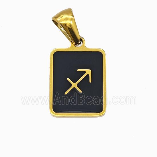 Stainless Steel Symbol Pendant Zodiac Sagittarius Black Enamel Rectangle Gold Plated