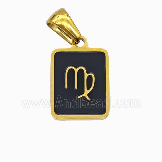 Stainless Steel Symbol Pendant Zodiac Virgo Black Enamel Rectangle Gold Plated