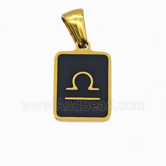 Stainless Steel Symbol Pendant Zodiac Libra Black Enamel Rectangle Gold Plated