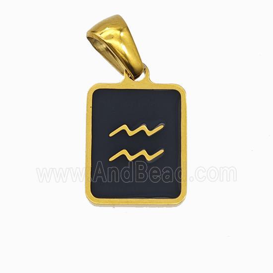 Stainless Steel Symbol Pendant Zodiac Aquarius Black Enamel Rectangle Gold Plated