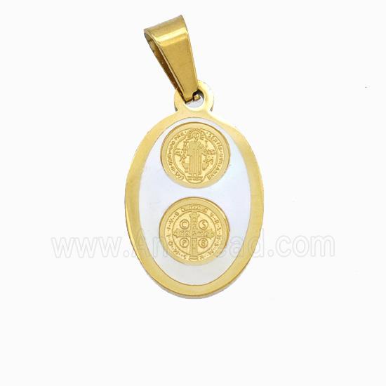 Jesus Charms Stainless Steel Oval Pendant Pave Shell Gold Plated
