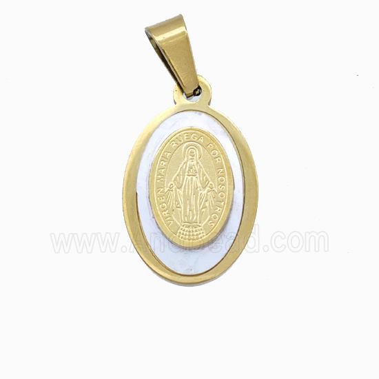 Jesus Charms Stainless Steel Oval Pendant Pave Shell Gold Plated