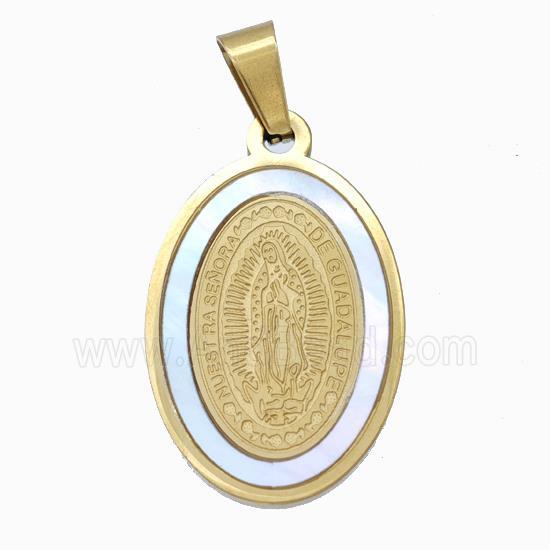 Virgin Mary Charms Stainless Steel Oval Pendant Pave Shell Gold Plated