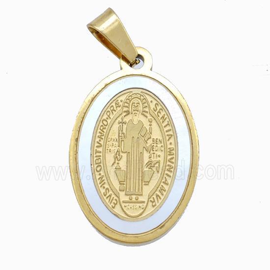 Jesus Charms Stainless Steel Oval Pendant Pave Shell Gold Plated