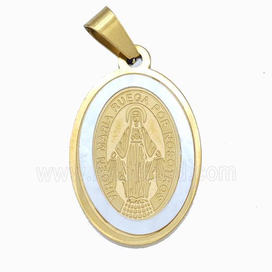 Jesus Charms Stainless Steel Oval Pendant Pave Shell Gold Plated