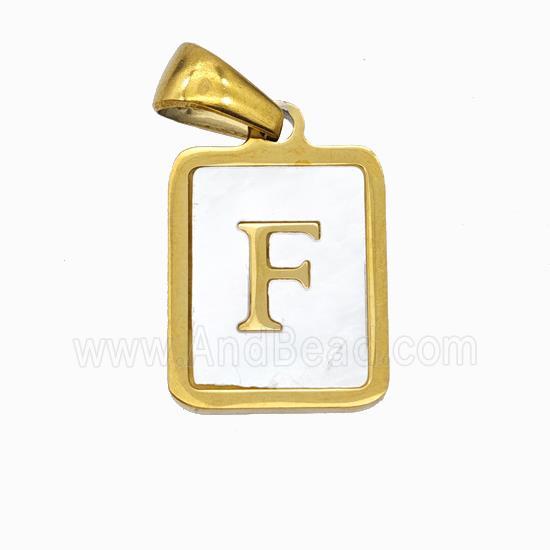 Stainless Steel Rectangle Pendant Pave Shell Letter-F Gold Plated