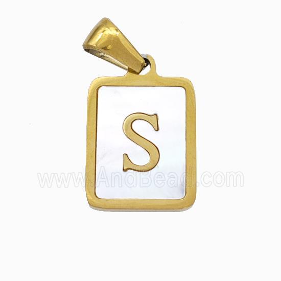 Stainless Steel Rectangle Pendant Pave Shell Letter-S Gold Plated