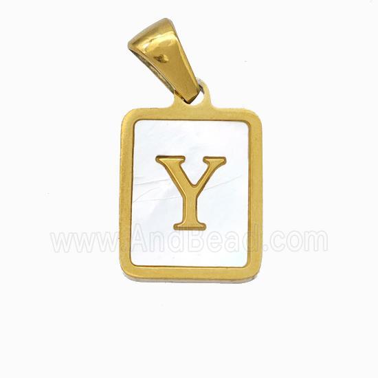 Stainless Steel Rectangle Pendant Pave Shell Letter-Y Gold Plated