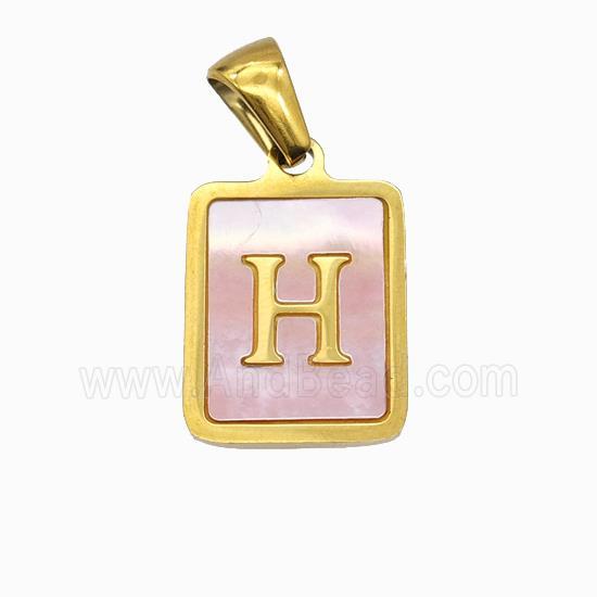 Stainless Steel Rectangle Pendant Pave Pink Shell Letter-H Gold Plated