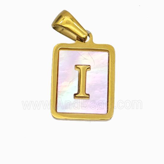 Stainless Steel Rectangle Pendant Pave Pink Shell Letter-I Gold Plated