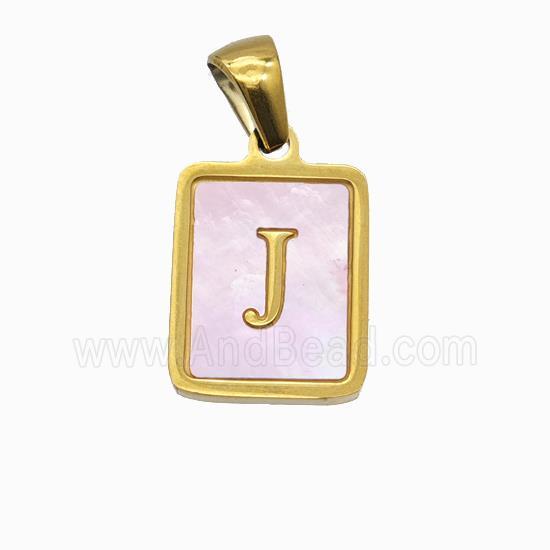 Stainless Steel Rectangle Pendant Pave Pink Shell Letter-J Gold Plated