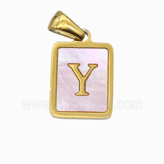 Stainless Steel Rectangle Pendant Pave Pink Shell Letter-Y Gold Plated