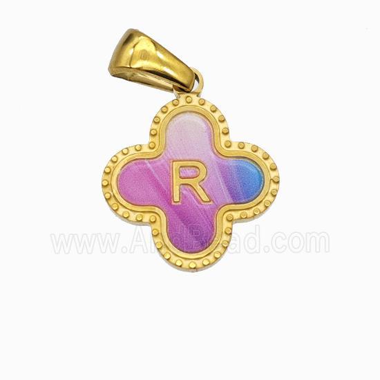 Stainless Steel Clover Pendant Letter-R Painted Gold Plated