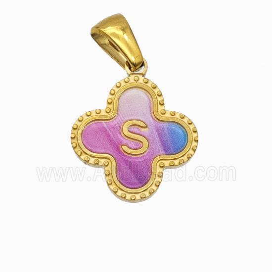 Stainless Steel Clover Pendant Letter-S Painted Gold Plated