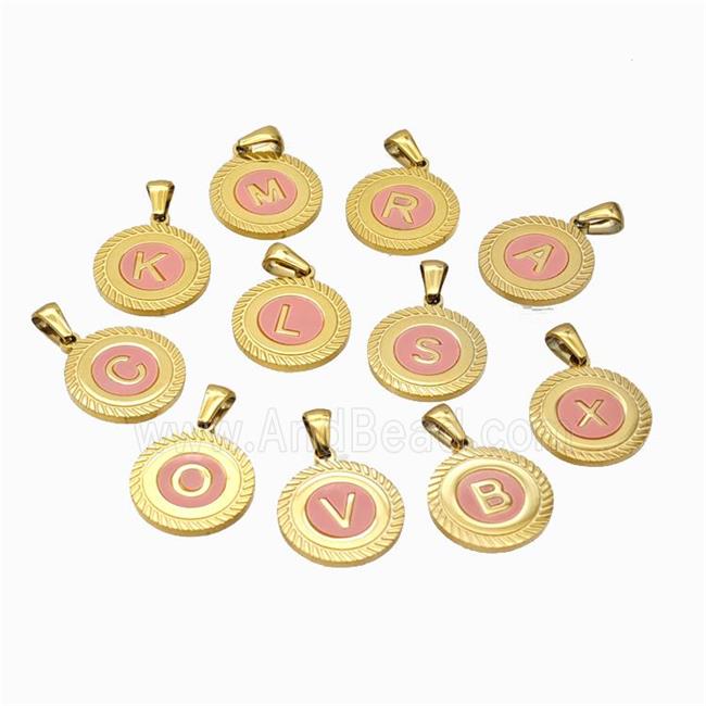 Stainless Steel Letter Pendant Pave Pink Shell Mix Alphabet Gold Plated