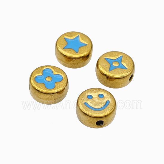 Stainless Steel Symbol Coin Beads Blue Enamel Gold Plated Mixed
