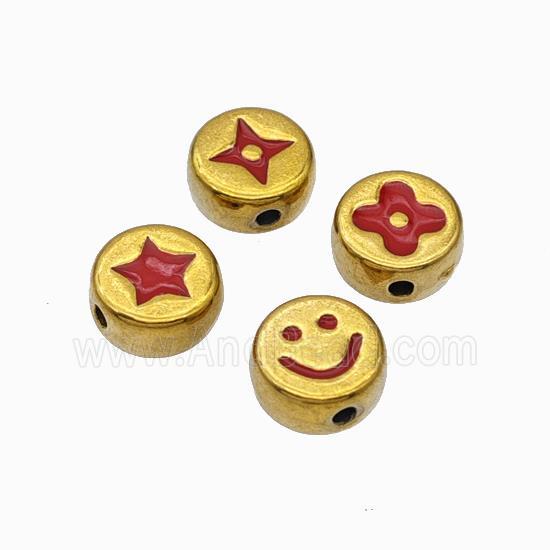 Stainless Steel Symbol Coin Beads Red Enamel Gold Plated Mixed