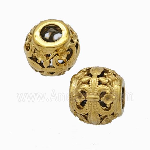 Titanium Steel Round Beads Large Hole Hollow Fleur De Lis Gold Plated