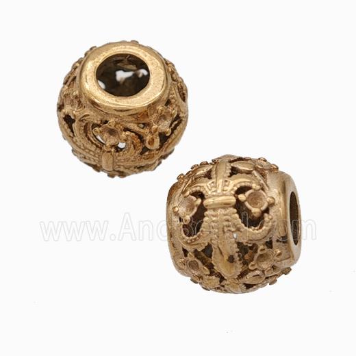 Titanium Steel Round Beads Large Hole Hollow Fleur De Lis Rose Gold