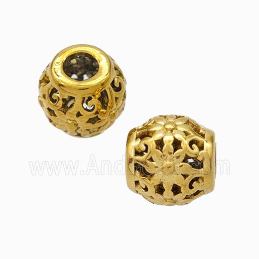 Titanium Steel Barrel Beads Large Hole Hollow Flower Gold Plated
