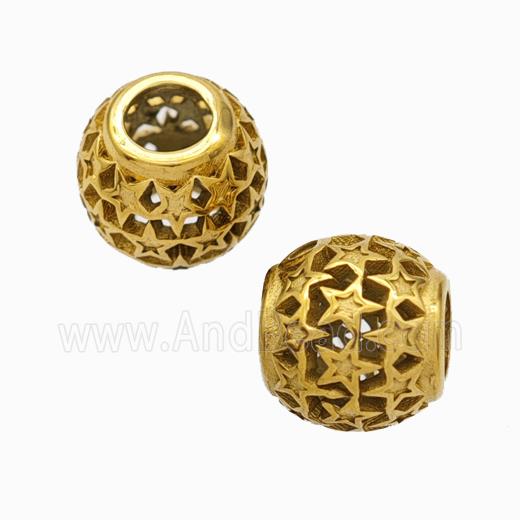 Titanium Steel Round Beads Large Hole Hollow Star Gold Plated