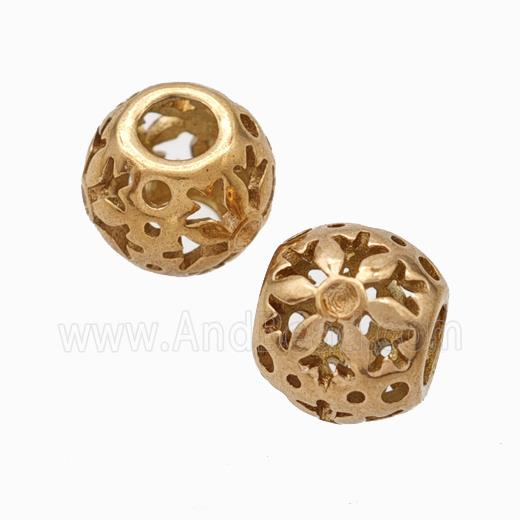 Titanium Steel Round Beads Large Hole Hollow Flower Rose Gold