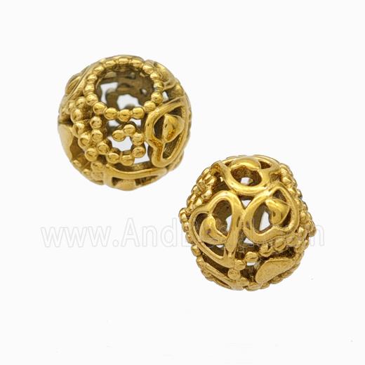 Titanium Steel Round Beads Large Hole Hollow Heart Gold Plated