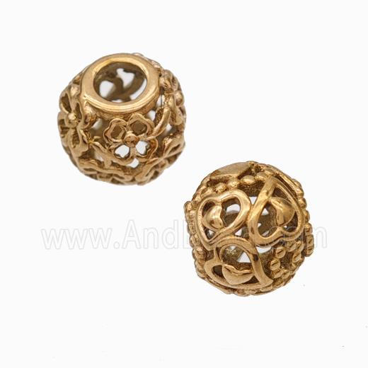 Titanium Steel Round Beads Large Hole Hollow Heart Rose Gold