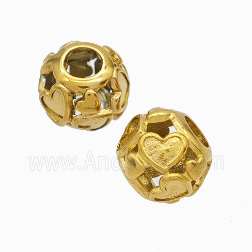 Titanium Steel Round Beads Large Hole Hollow Heart Gold Plated