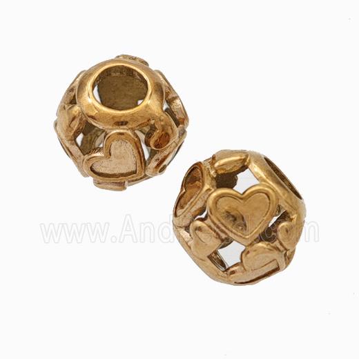 Titanium Steel Round Beads Large Hole Hollow Heart Rose Gold