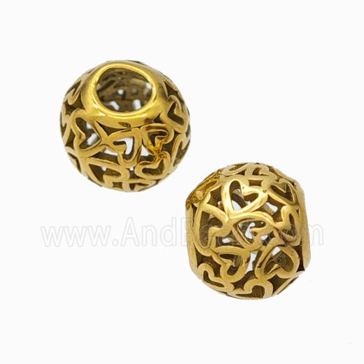 Titanium Steel Round Beads Large Hole Hollow Heart Gold Plated