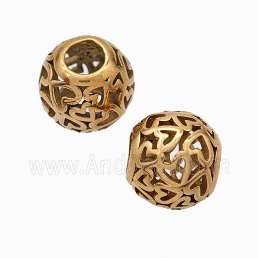 Titanium Steel Round Beads Large Hole Hollow Heart Rose Gold