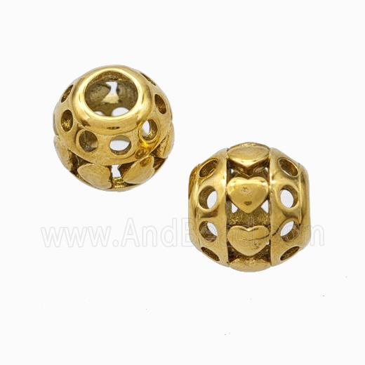 Titanium Steel Round Beads Large Hole Hollow Heart Gold Plated